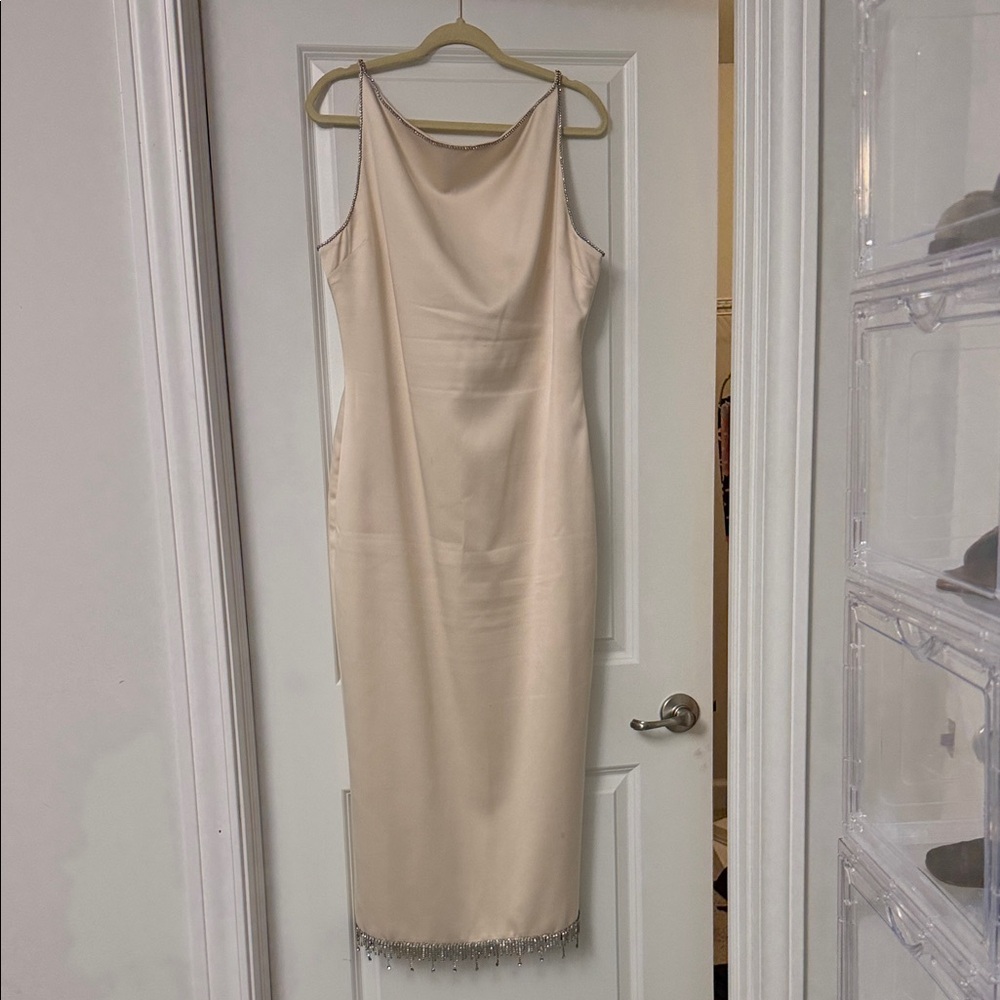 House of CB Blush-Beige Slip Midi Dress with Beaded Hem